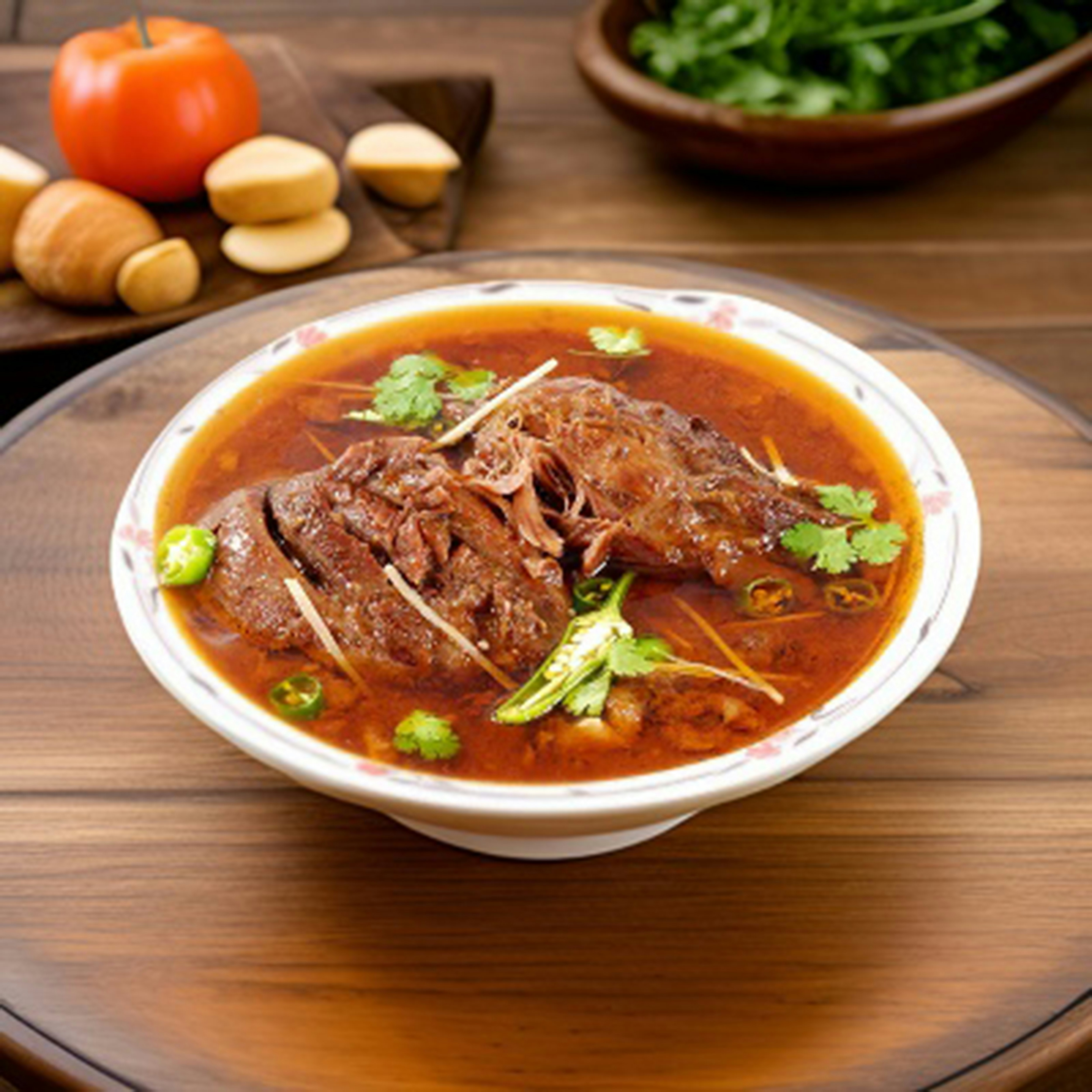 A picture illustrates traditional Bo Kho on a wooden table